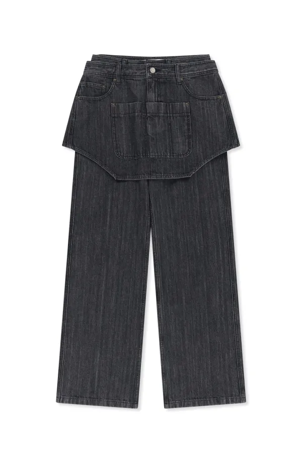 APRON LAYERED DENIM PANTS IN BLACK