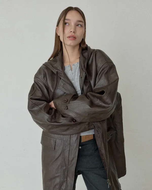 MIA HOODED LEATHER COAT - BROWN