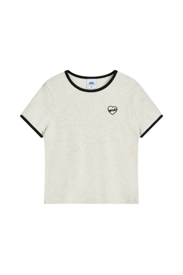 (W) HEART LOGO RINGER T-SHIRT-OATMEAL MELANGE