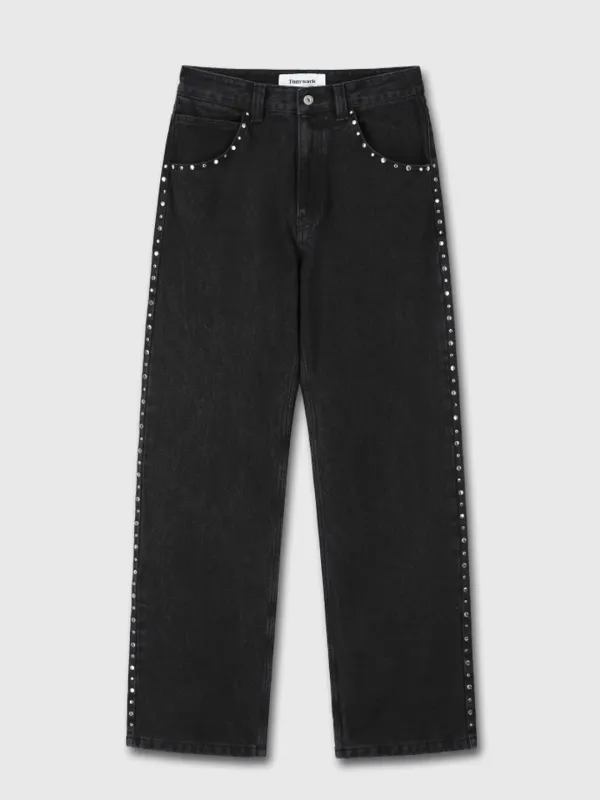 METAL STUD STRAIGHT-LEG DENIM JEANS_ FADED BLACK