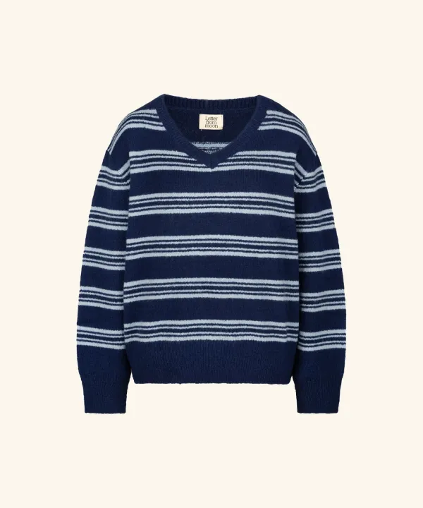 Brushed Stripe V-Neck Knit ( Navy )