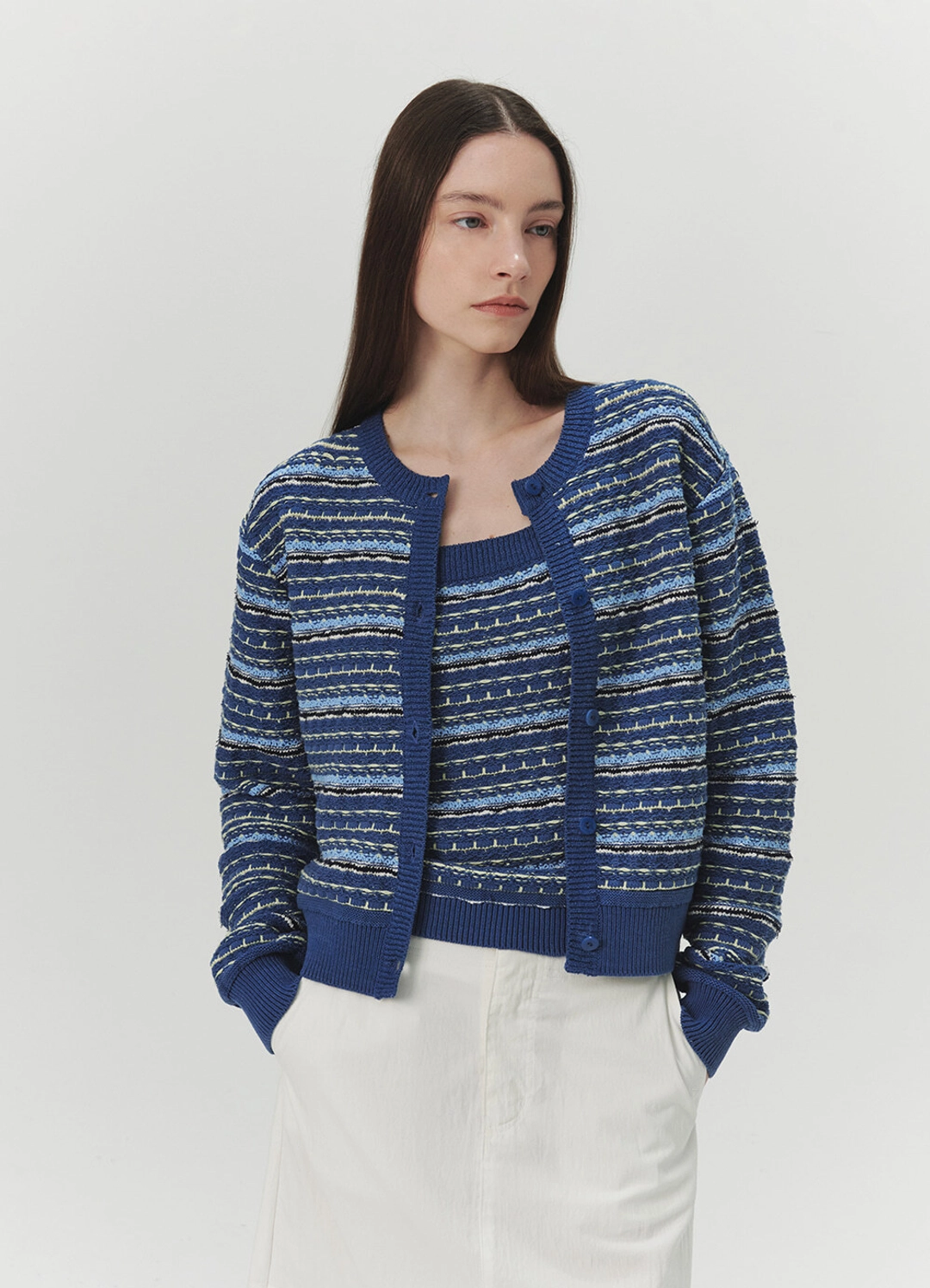 르바 Tweed Jacquard Knit Cardigan - Dutch Blue 상품 이미지 2