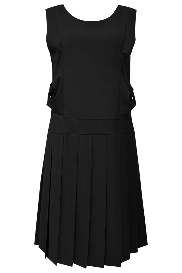 BOW SLEEVELESS PLEATED DRESS (BLACK)