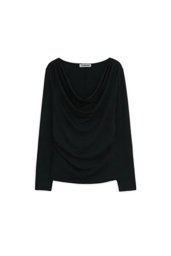 COWL NECK LONG SLEEVE TOP, BLACK