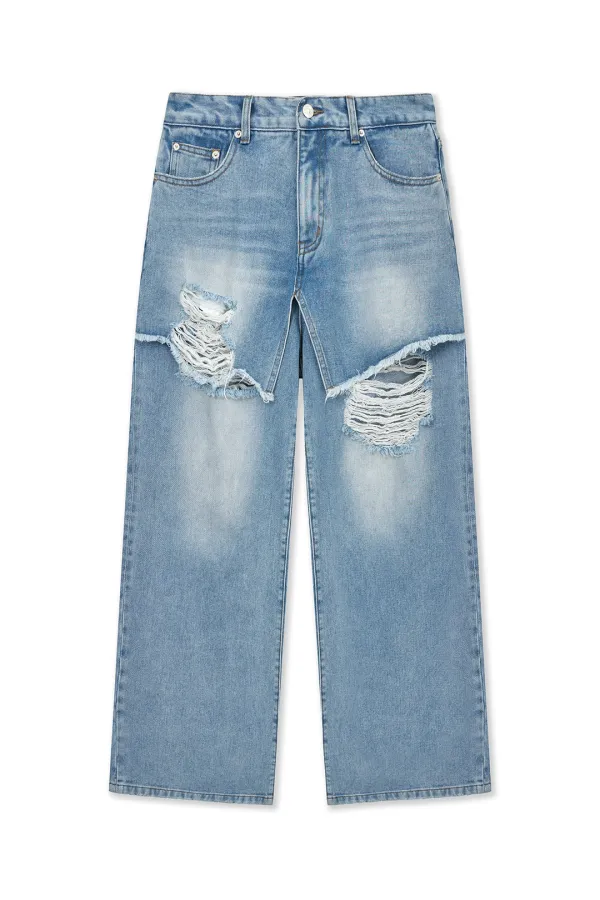 FRONT LAYERED DISTRESSED DENIM PANTS IN BLUE