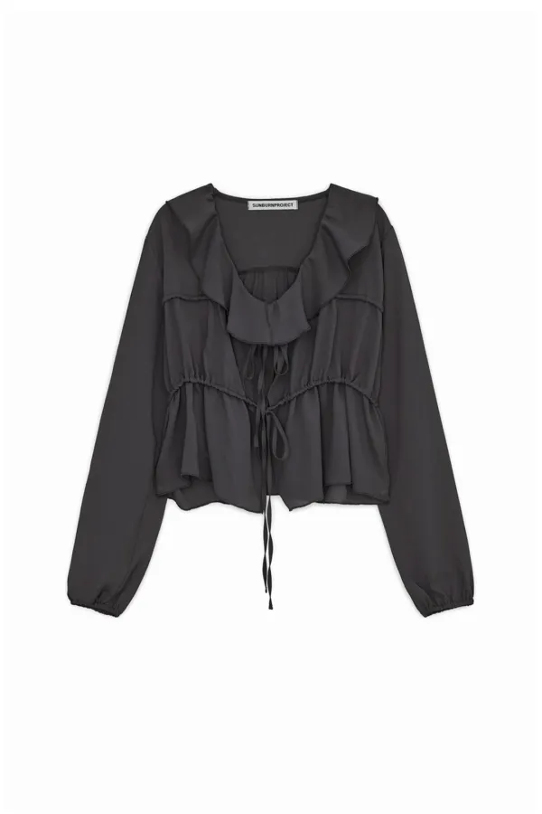 FRILL TIERED BLOUSE, CHARCOAL