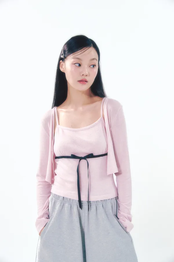Knit Ribbon Shirring Top Set Pink