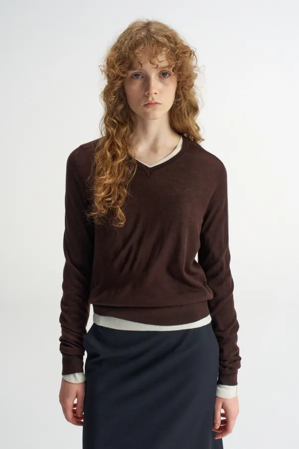 Soft V-Neck Slim Knit_Brown
