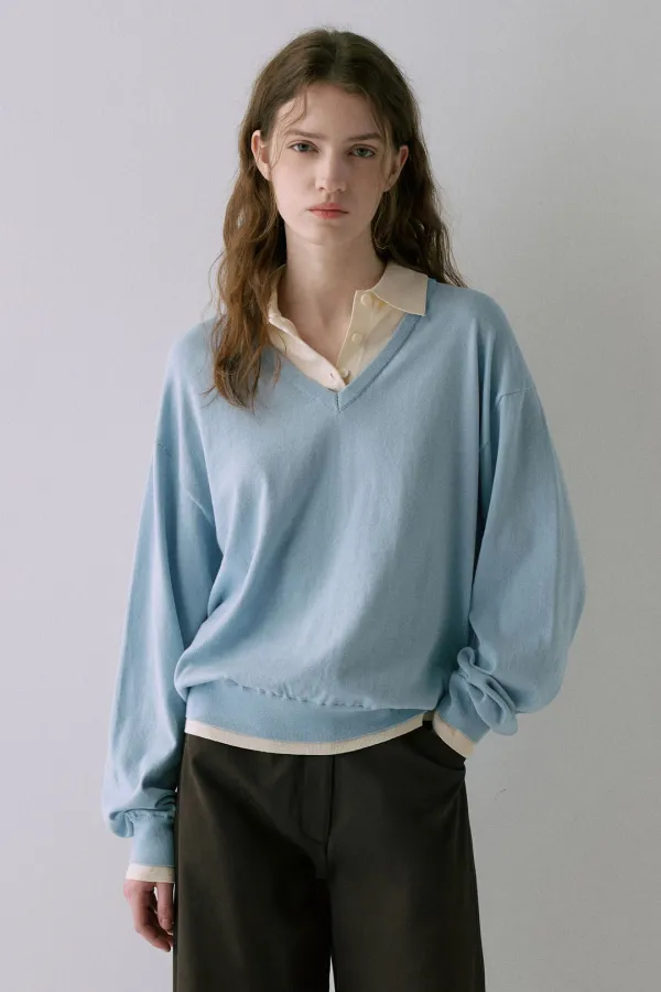 V-Neck Collar Layered Knit[LMBFSPKN304]-Sky Blue