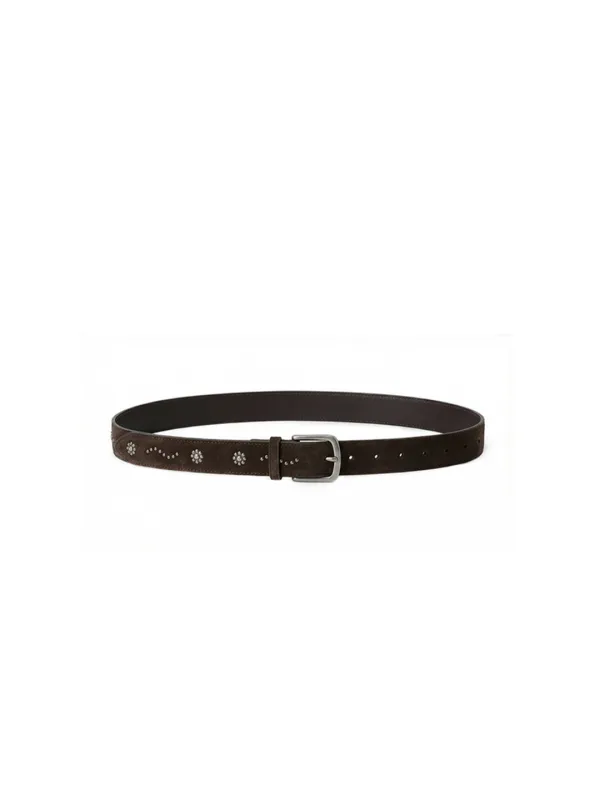 Floral Stud Suede Belt Dark Brown
