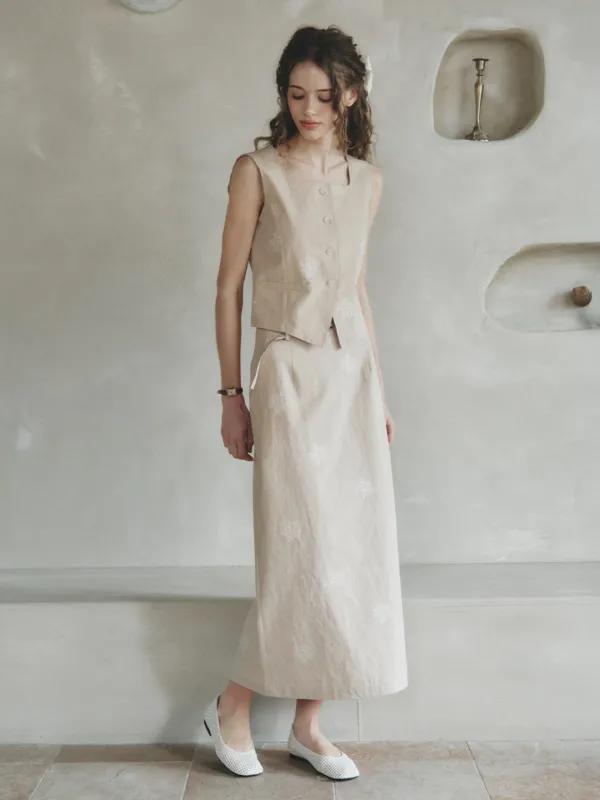 ROVE linen embroidery H-line skirt_beige