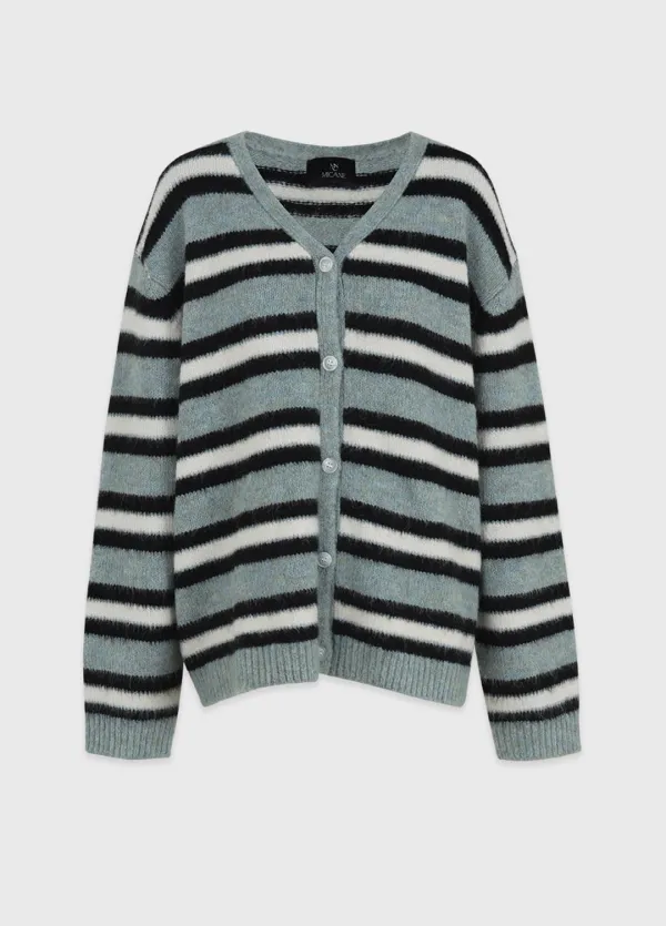  [44-120]  Kaia Stripe Hairy Wool Cardigan  카야 스트라이프 헤어리 울 가디건 (가을-데일리룩-빈티지룩-캐주얼룩-울-헤어리-브이넥-스트라이프-컬러배색-빅사이즈-자체제작) 