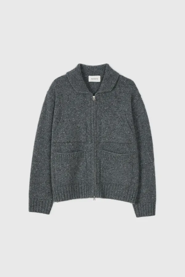 4pockets zip-up knit cardigan (Leaf Grey)