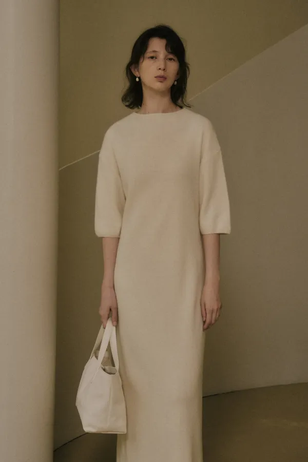 BAYEN HIGH-NECK KNIT LONG DRESS_IVORY