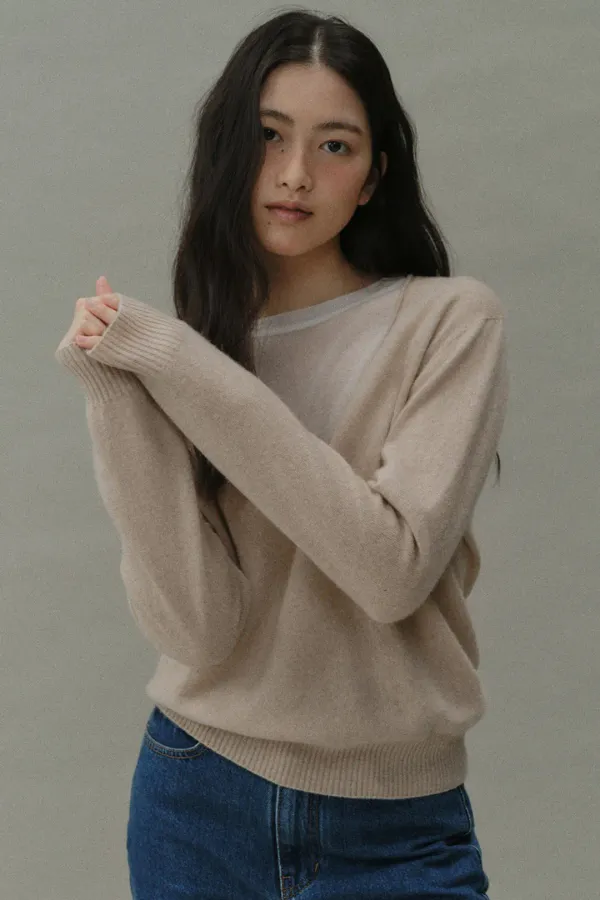 cashmere whole-garment v pullover (light beige)