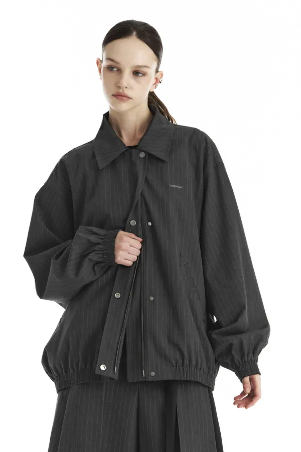 Stripe Oversized Blouson Set-Up Jumper [ Charcoal ]