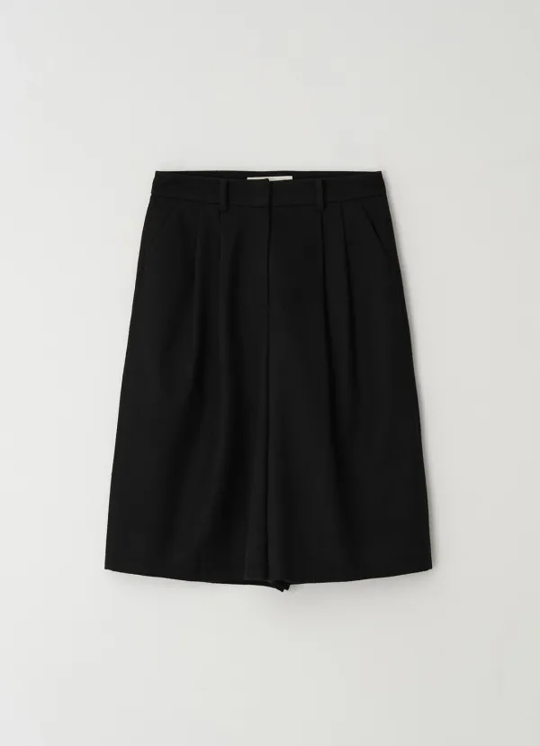 BERMUDA TWO TUCK WOOL PANTS - BLACK