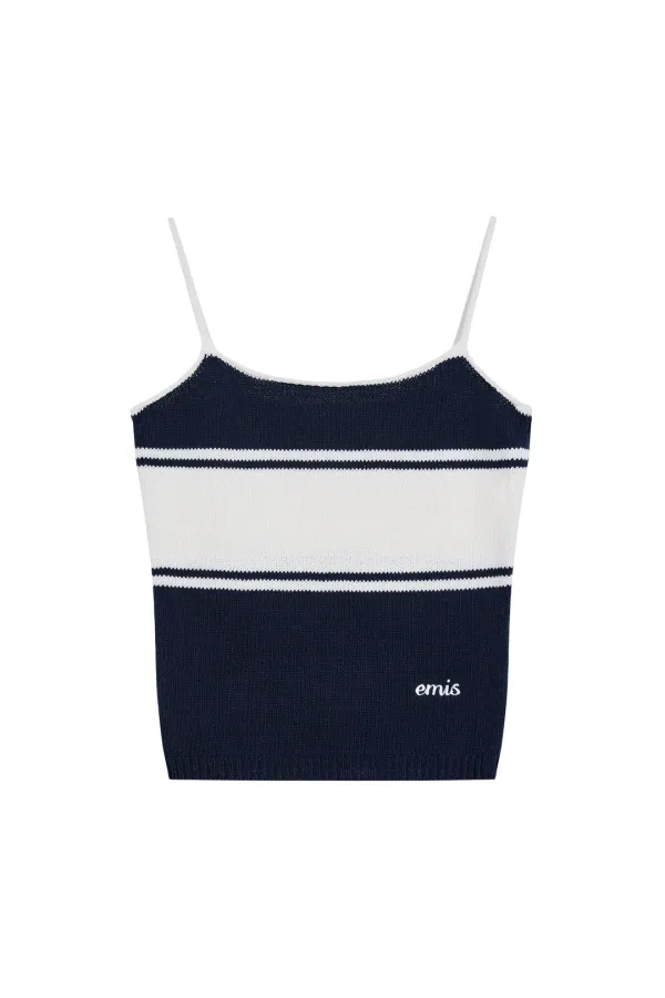 (W) STRIPE KNIT SLEEVELESS TOP-NAVY