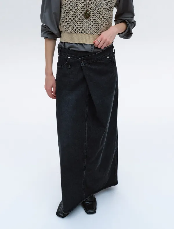 OBLIQUE WRAP DENIM MAXI SKIRT [GREY]