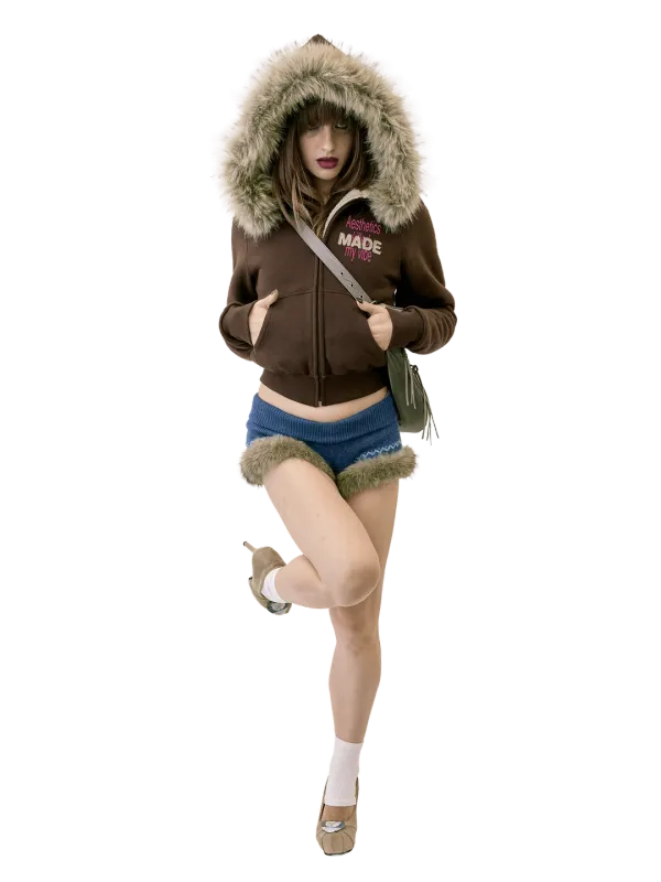 Applique Teddy Hooded Zip-Up Brown