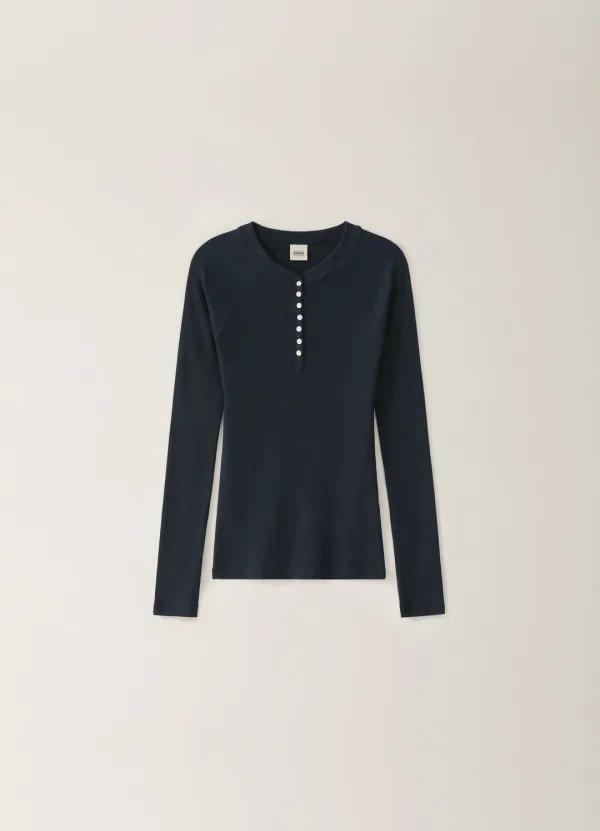 [Limited] Raglan Ribbed Button T-shirt - Navy