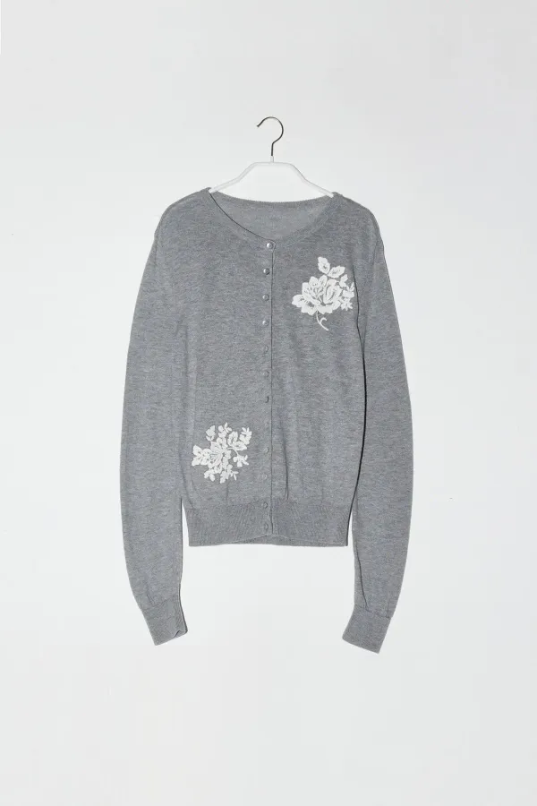 FLOWER EMBROIDERY ROUND CARDIGAN - GREY
