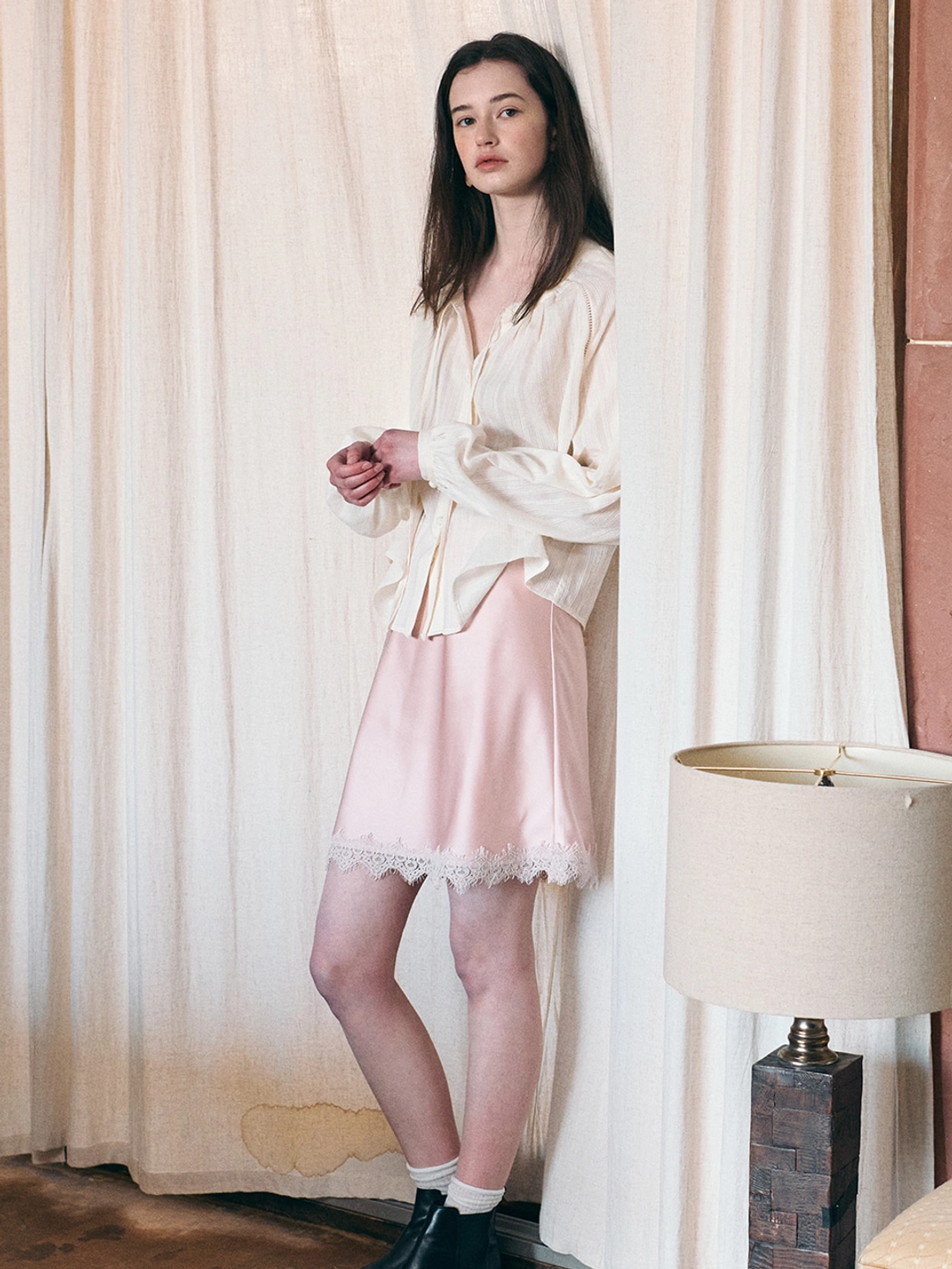 르니나 ARIEL satin lace mini skirt_pink 상품 이미지 2