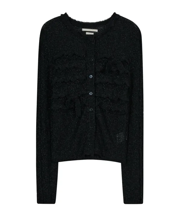 Fuzzy Ruffled Ribbon Cardigan [Black]