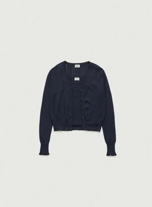 Cotton Eyelet Knit Cardigan Ensemble With Sleeveless Top_Navy