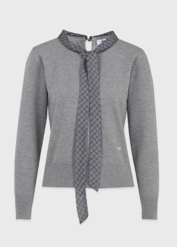 [44-120] Lailah Check Tie-Neck Knit 레이라 체크 타이 넥 니트 (겨울-가을-데일리룩-출근룩-데이트룩-격식룩-페미닌-롱슬리브-긴팔니트-타이니트-체크-빈티지-체형커버-쉬폰-자체제작)