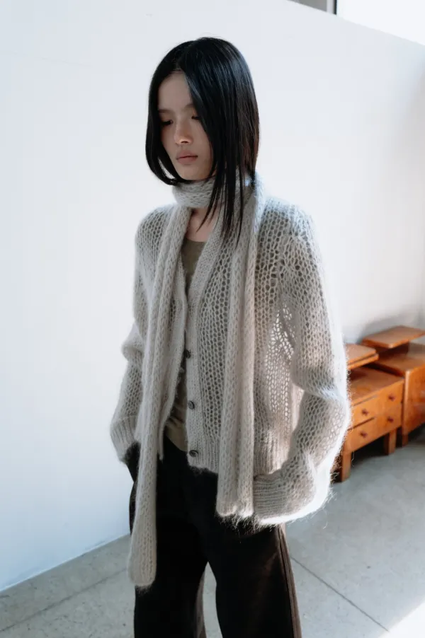 Mohair Short Cardigan (Charcoal Gray / Light Khaki / Light Beige)
