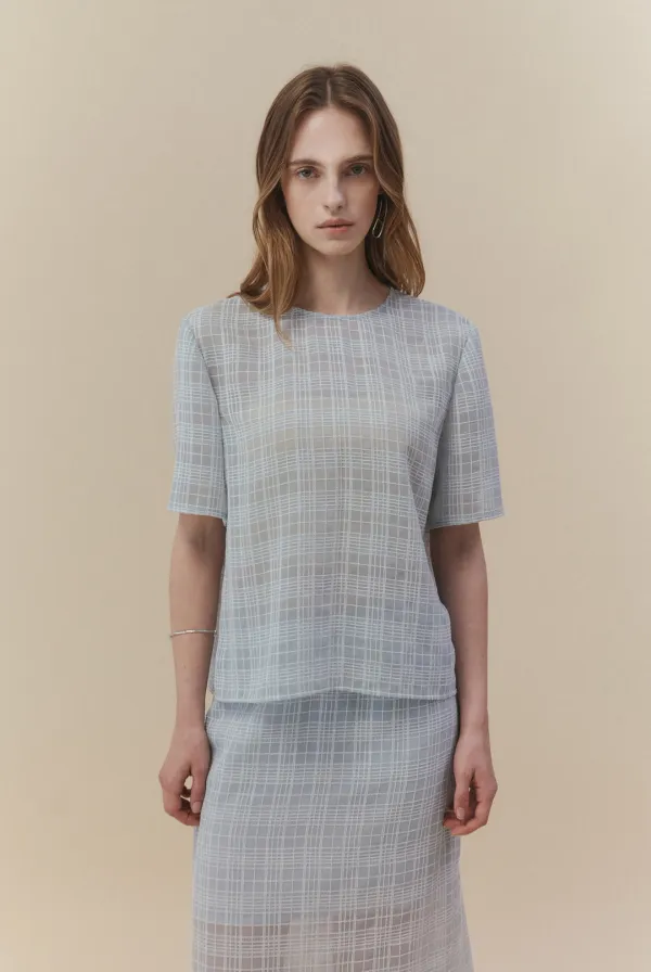 Cecile Check Half Blouse (Sky Blue)