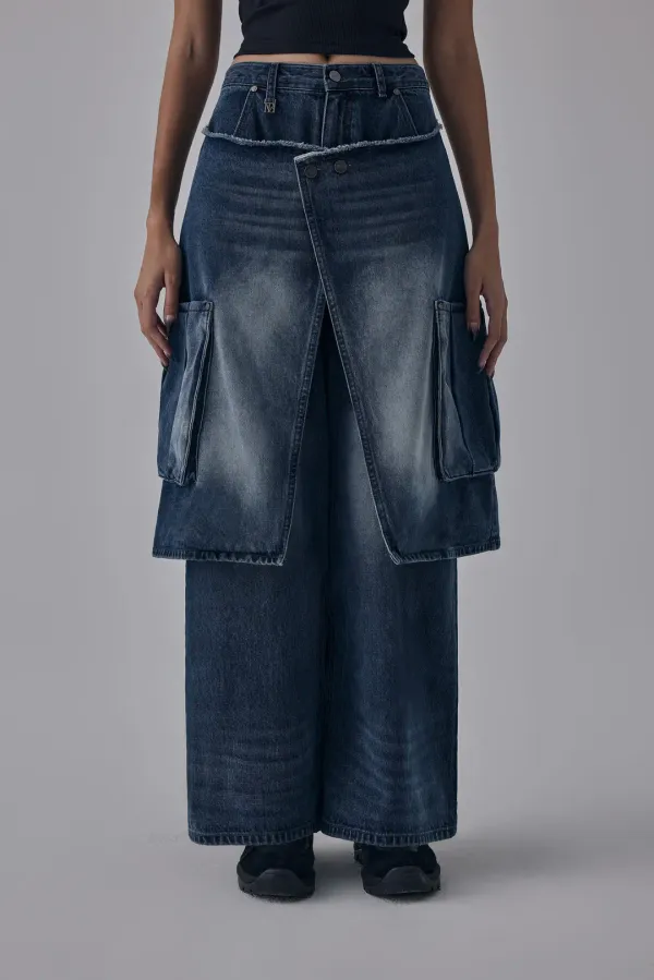 Layered Wrap Skirt Denim Cargo Pants [ Blue ]