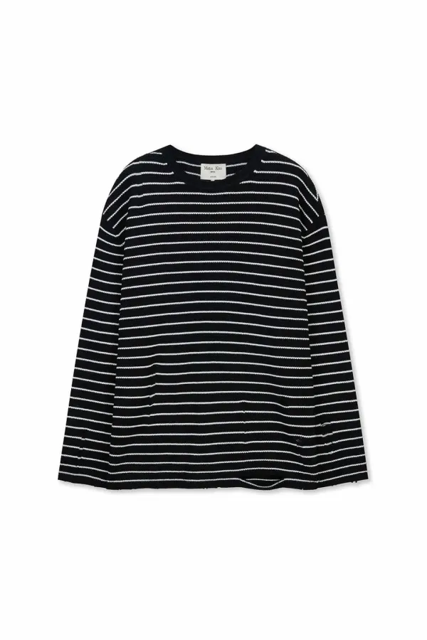 STRIPE DAMAGED LOOSE PULLOVER IN BLACK
