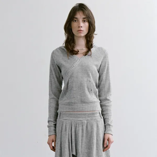 Hotfix Wrap Hoodie Set-up Top [ Melange Gray ] - TREEMINGBIRD
