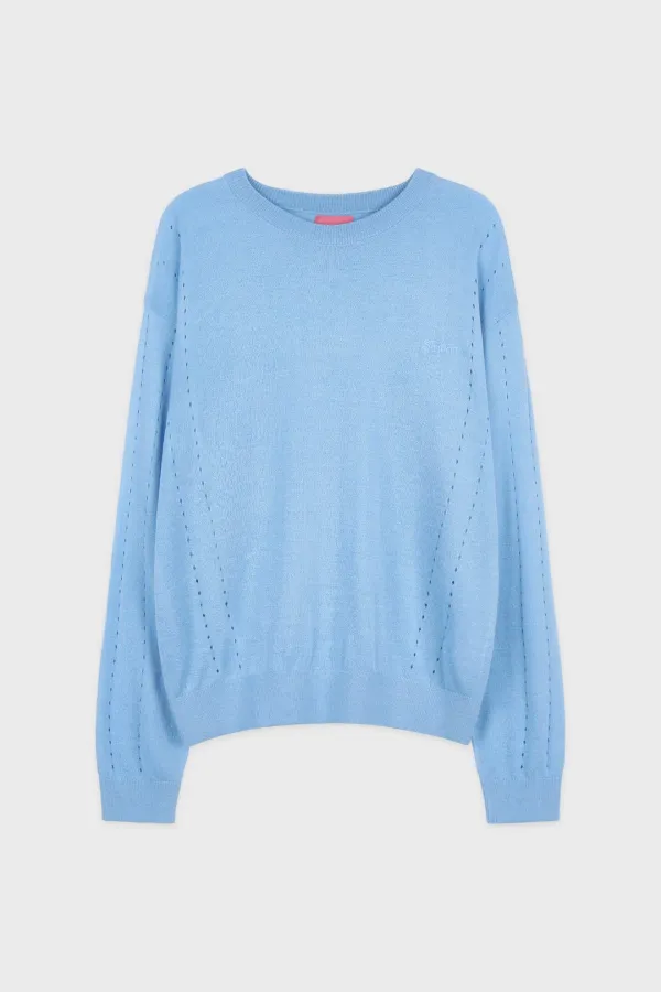 Sheer Logo Long Sleeve Knit Pullover (Soft Blue)