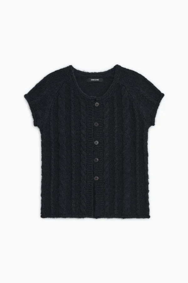 [10/6 SOON] BUTTON SHORT SLEEVE KNIT VEST, NAVY