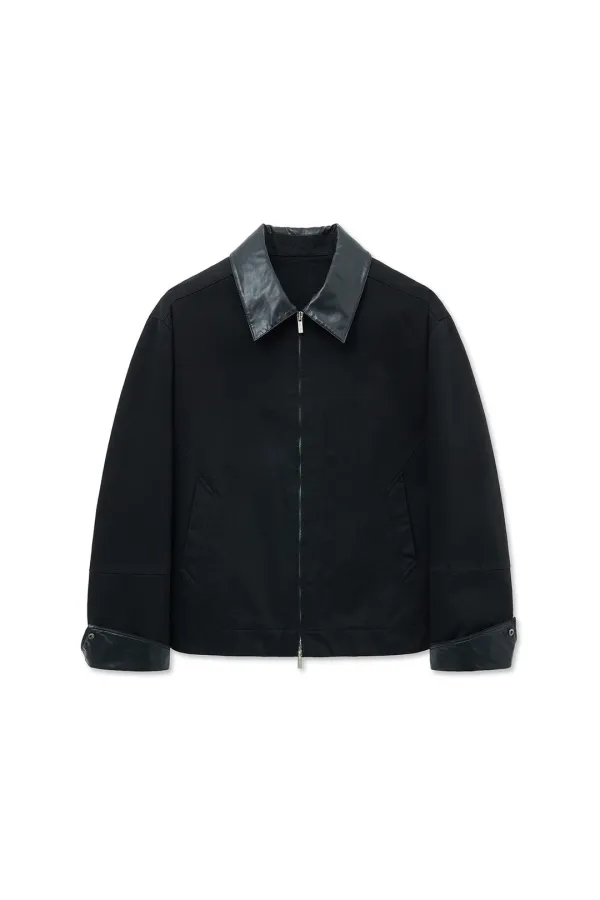 LEATHER COLLAR POINT WORK JACKET FOR MEN IN BLACK