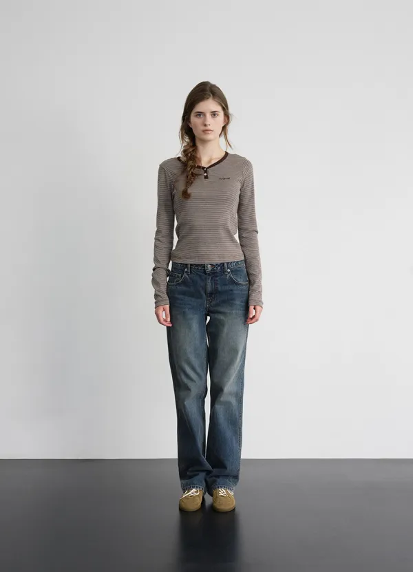 Devon Stripe Henley T-Shirt_Brown