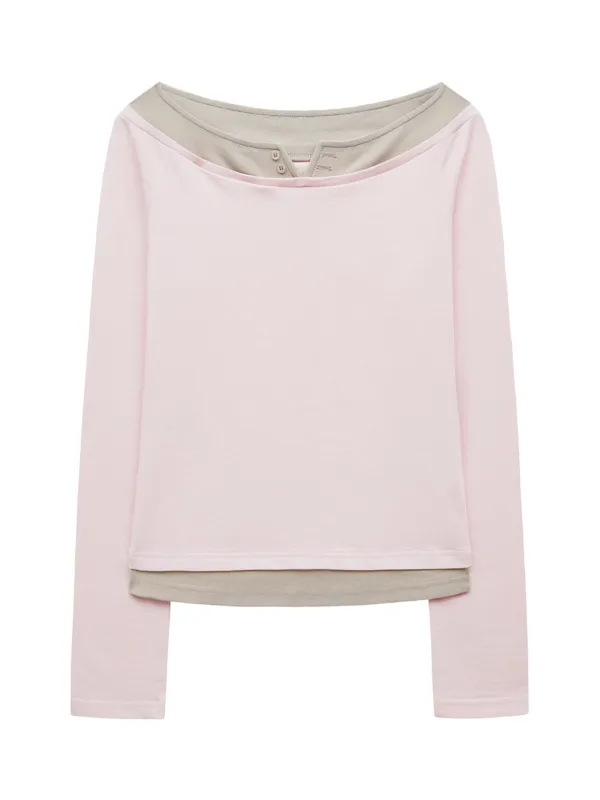 OFF-SHOULDER LAYERED T-SHIRT  (LIGHT PINK)
