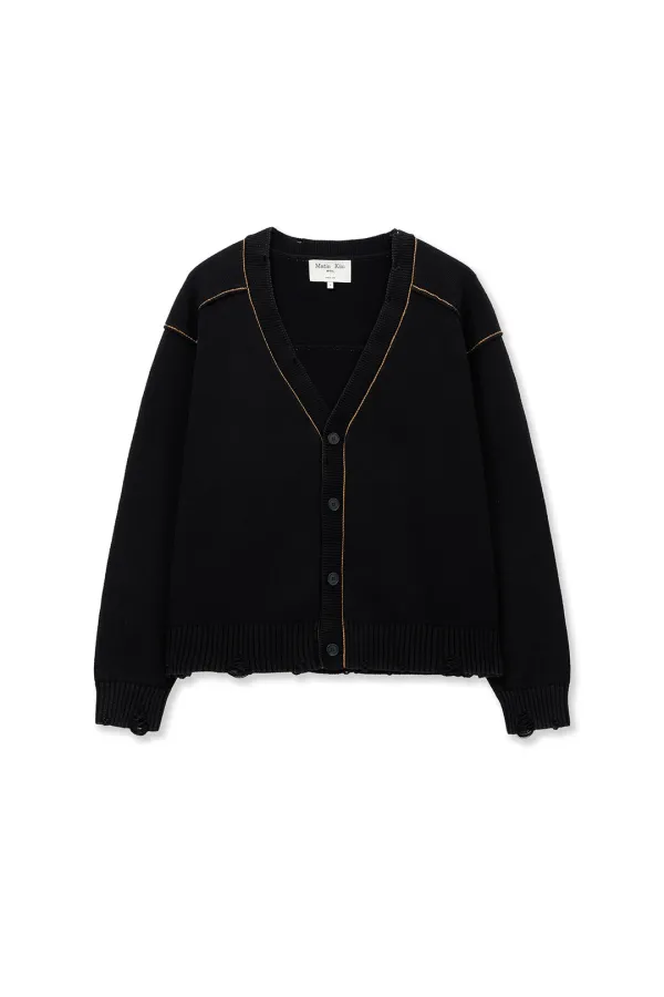 BACK LOGO LINE POINT KNIT CARDIGAN IN BLACK