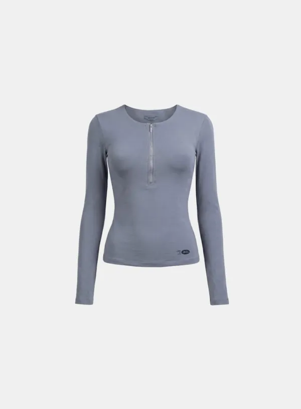 [w-tee26-075] Everyday Zip Henley Long Sleeve T-Shirt - Blue gray