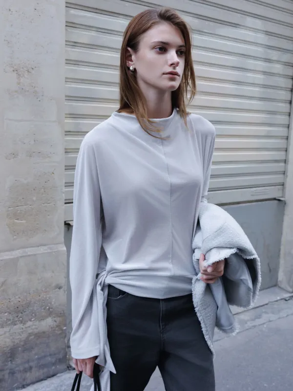 Mock-Neck Tied Velvet Jersey Blouse SW6AB814_2color