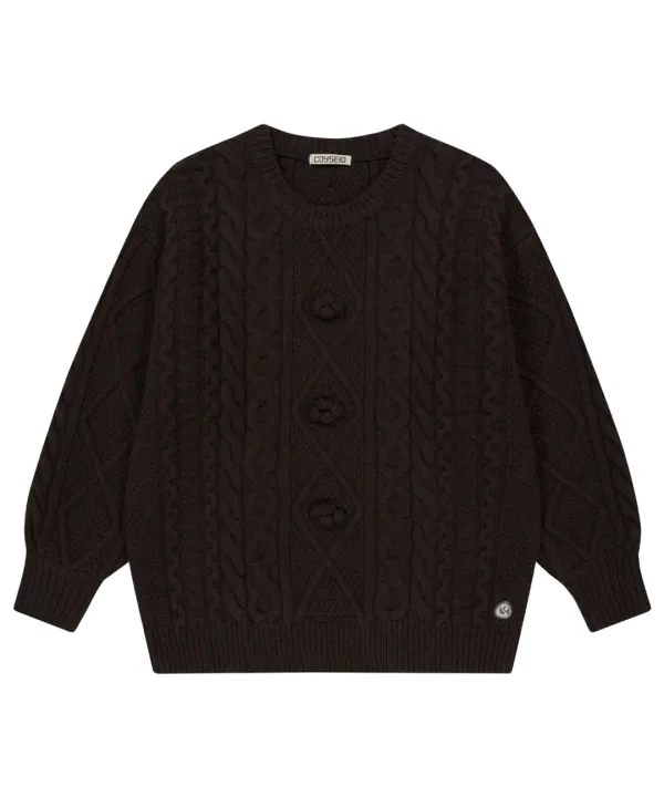 POMPOM CABLE KNIT BROWN