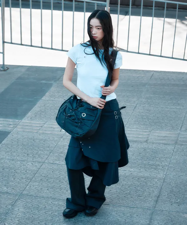 [Misekiseoul X yeomim] Stud belted midi skirt CHARCOAL