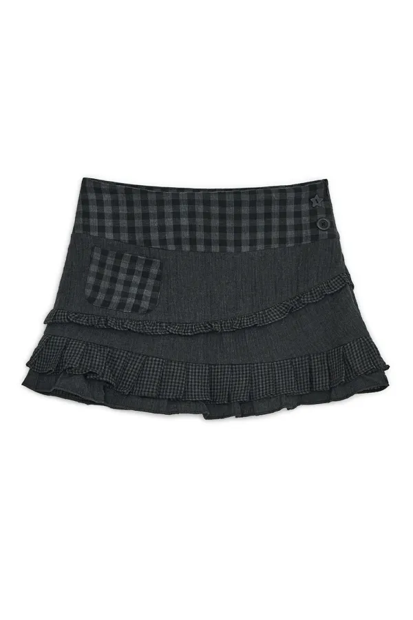 Check ruffle mini skirt (Black)