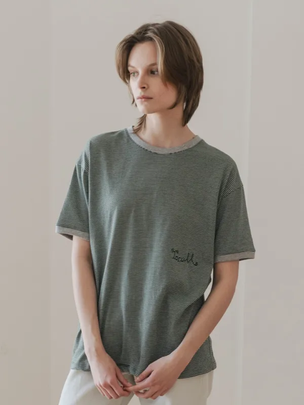 [26 Summer] Embroidery stripe top - Gray
