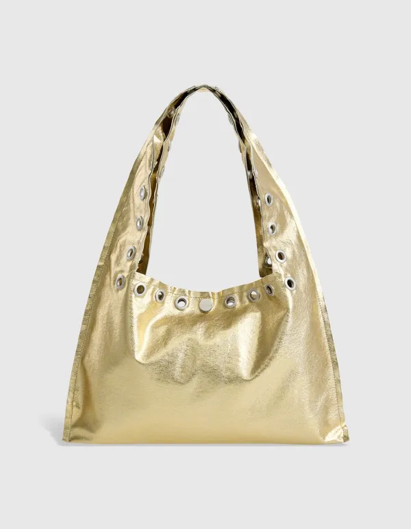 EYELET METALLIC SHOULDER BAG, GOLD