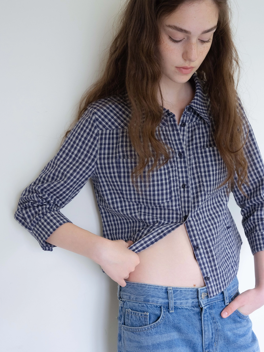 헤더먼트 compact shirts (navy check) 상품 이미지 1