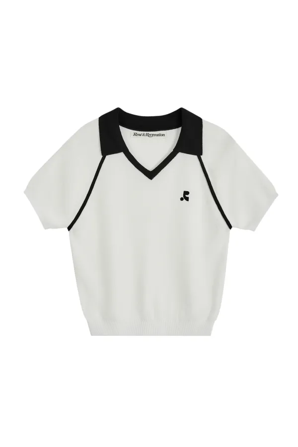 V-NECK COLLAR KNIT TOP - WHITE